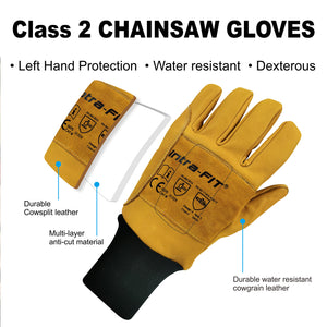 Intra-FIT Chainsaw Gloves Multi-Layer Protection on Left Hand, Safety Forestry Work Gloves in Water Resistant Cowgrain Leather, Class 2, Latest Standard EN ISO 11393-4, EN 388: 3132X